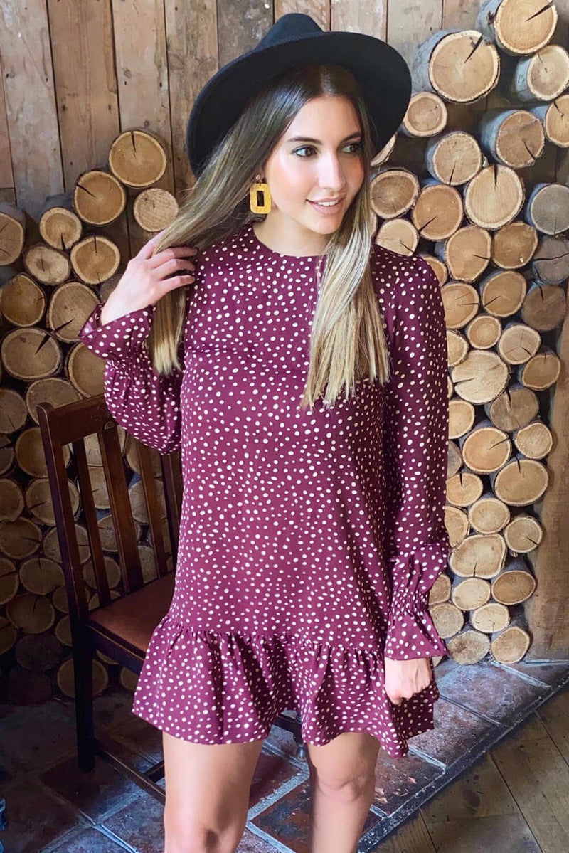 Plum Polka Dot Printed Shift Dress