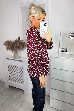 Plum Printed Long Gathered Sleeve Blouse