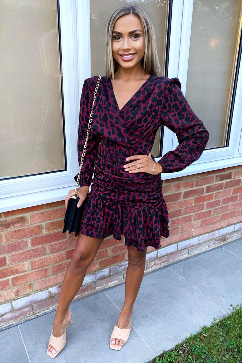 Plum Printed Long Sleeve Ruched Frill Dress