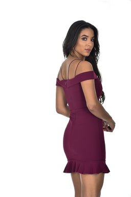 Plum Strappy Off The Shoulder Frill Mini Dress