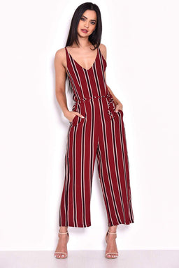 Plum Striped Tie Waist Jumpsuit