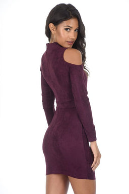 Plum faux suede High Neck Cold Shoulder Mini Dress