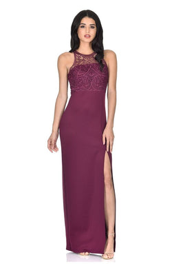 Plum High Neck Maxi Dress With Crochet Neck