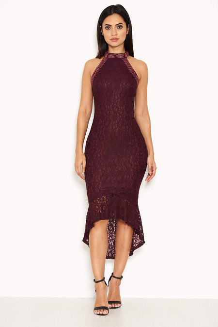 Plum Lace Choker Neck Dress