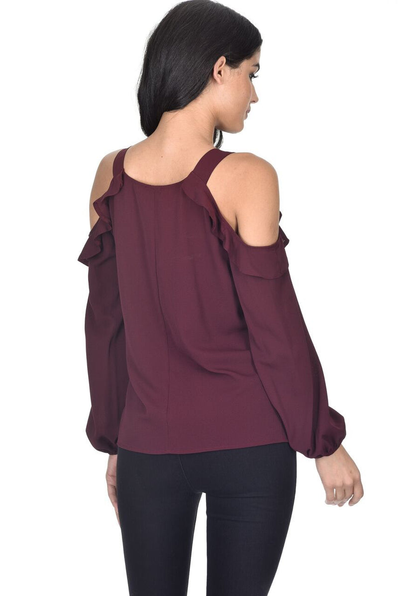 Plum Long Sleeve Frill Cold Shoulder Top