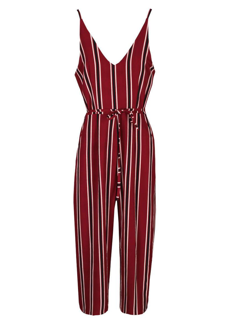 Plum Striped Tie Waist Jumpsuit