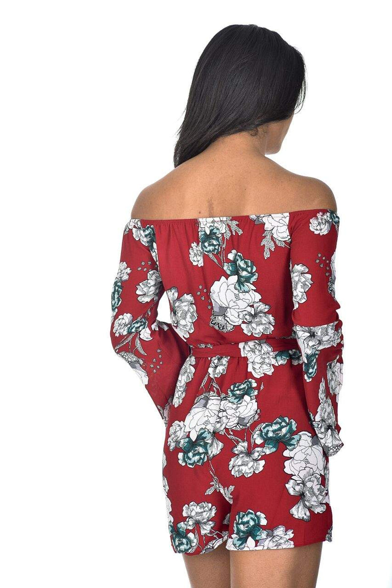 Red Floral Bardot Flared Sleeve Playsuit