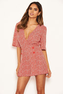 Red Button Wrap Playsuit