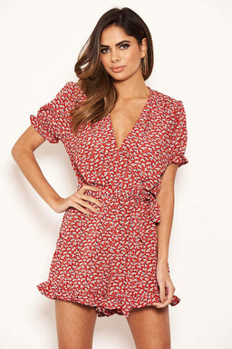Red Floral Print Wrap V Neck Frilled Play Suit With Side Tie