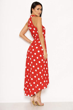 Red Polka Dot High Neck Wrap Dress