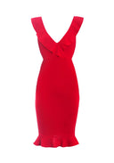 Red V Neck Frill Detail Bodycon Dress