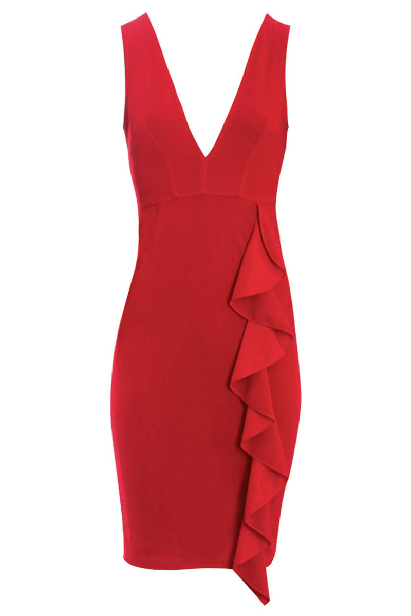Red V-Neck Front Frill Bodycon Dress