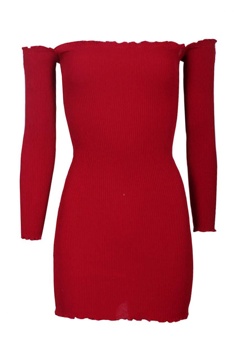 Red Bardot Ruffle Detail Knit Dress