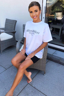 White Slogan Printed Oversized Tee