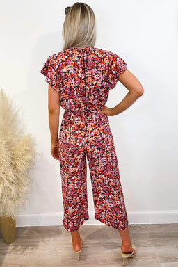 Red Abstract Wrap Over Jumpsuit