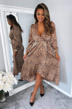 Red Animal Print Tie Side Wrap Over Midi Dress