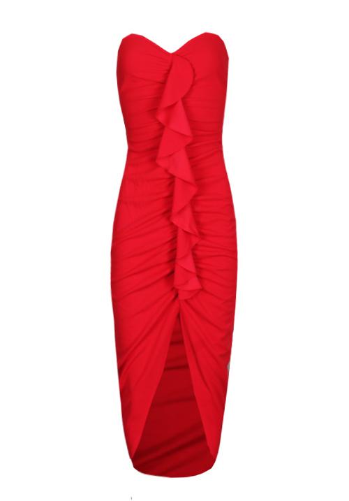 Red Bardot Frill Detail Midi Dress