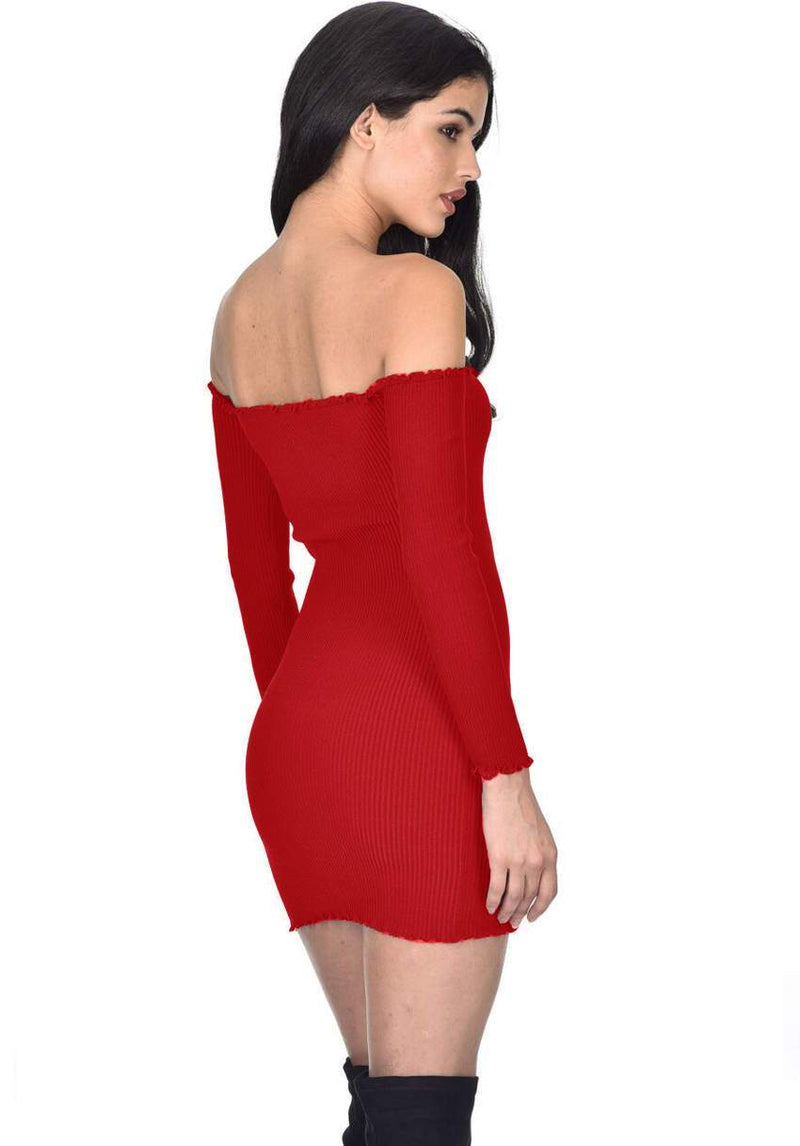 Red Bardot Ruffle Detail Knit Dress