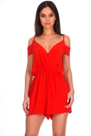 Red Cold Shoulder Wrap Front Playsuit