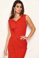 Red Cowl Neck Ruched Maxi Dress