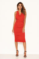 Red Cowl Neck Ruched Side Bodycon Midi Dress