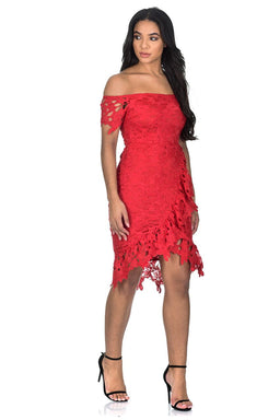 Red Crochet Bardot Frill Wrap Dress