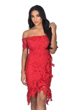 Red Crochet Bardot Frill Wrap Dress