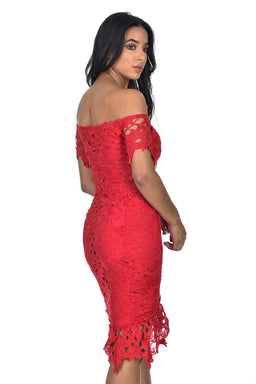 Red Crochet Bardot Frill Wrap Dress