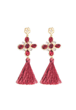 Red Diamonte Cross Tassel Earrings