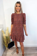 Red Ditsy Floral Puff Sleeve Smock Dress