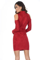 Red Faux Suede High Neck Cold Shoulder Mini Dress