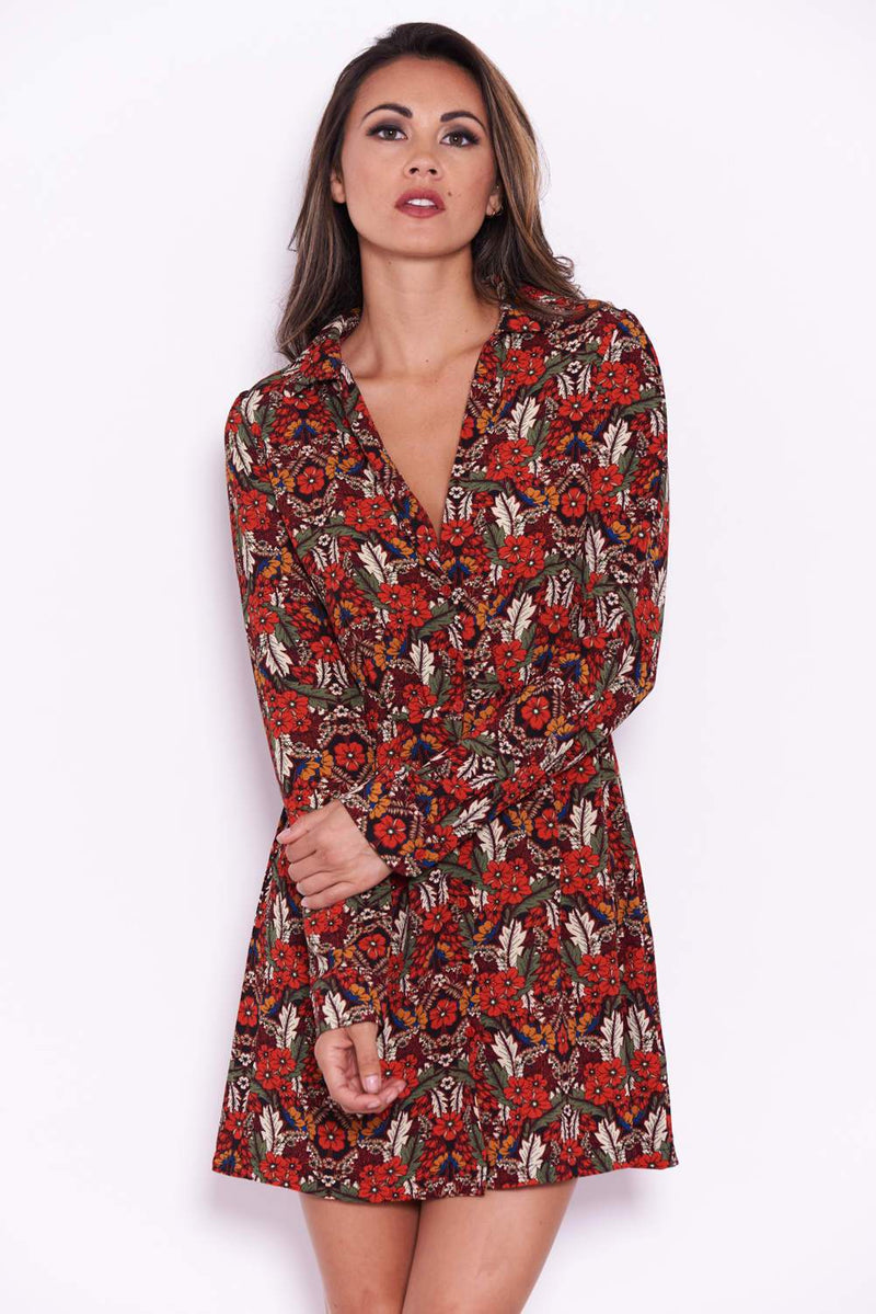 Red Floral Button Up Front Swing Dress
