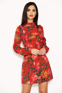 Red Floral Long Sleeve Frill Dress