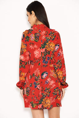 Red Floral Long Sleeve Frill Dress