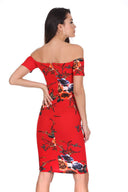 Red Floral Off The Shoulder Midi Dress