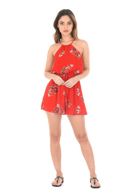 Red Floral Print Drawstring Playsuit
