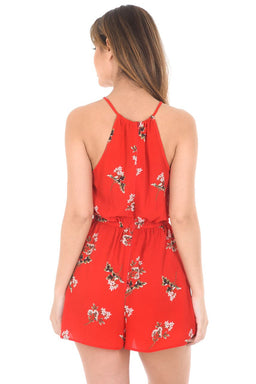 Red Floral Print Drawstring Playsuit