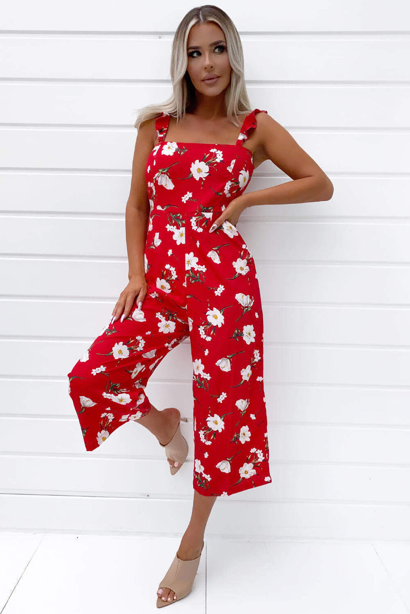 Red Floral Printed Jumpsuit