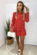 Red Floral Printed Shirt Dress