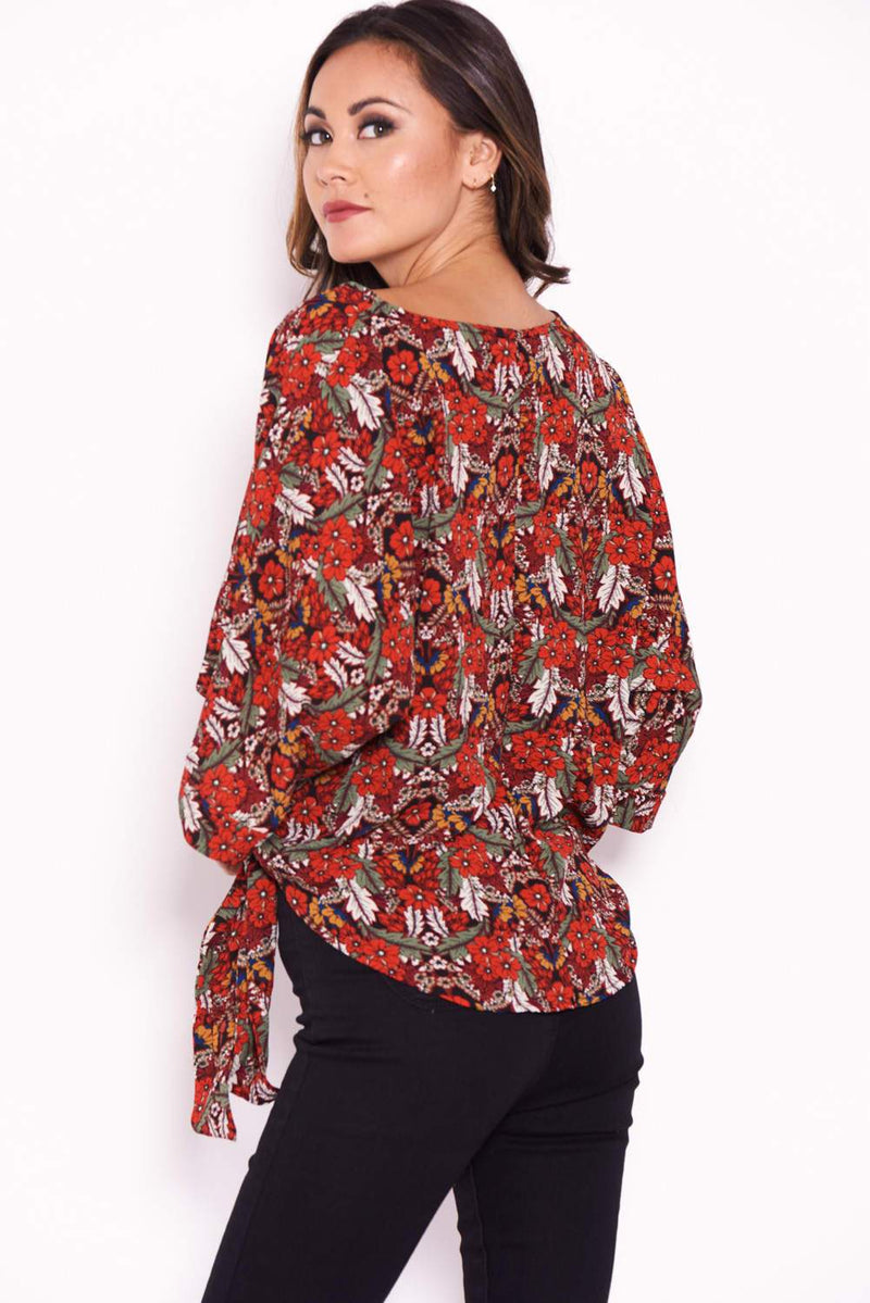 Red Floral Wide Sleeve Top