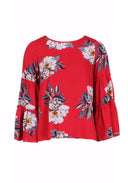 Red Foral Printed Double Frill Sleeve Top