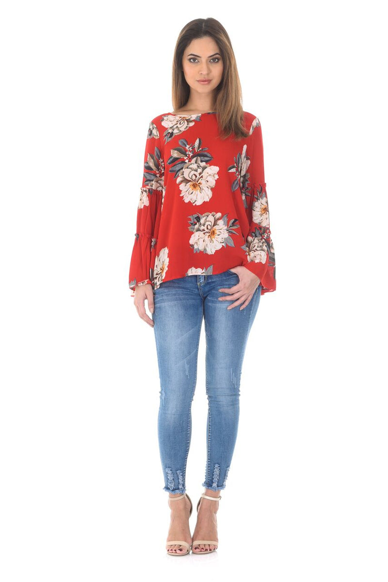 Red Foral Printed Double Frill Sleeve Top