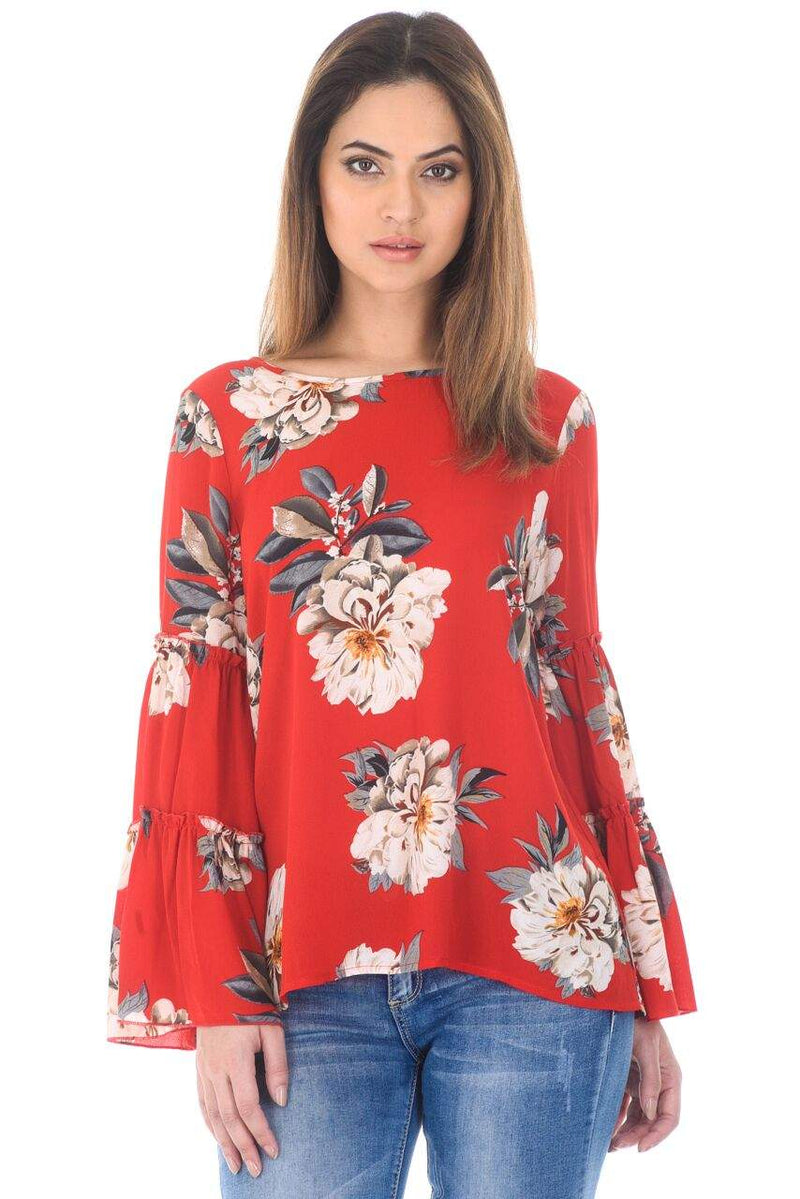Red Foral Printed Double Frill Sleeve Top