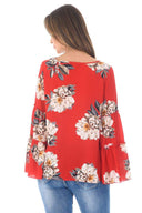 Red Foral Printed Double Frill Sleeve Top