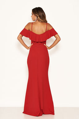 Red Frill Cold Shoulder Maxi Dress