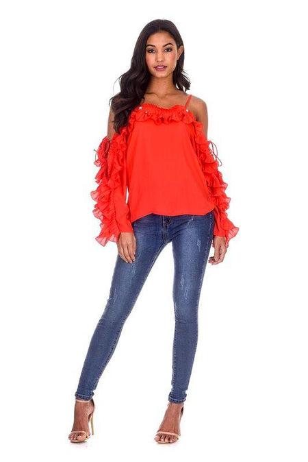 Red Frill Detail Off The Shoulder Top