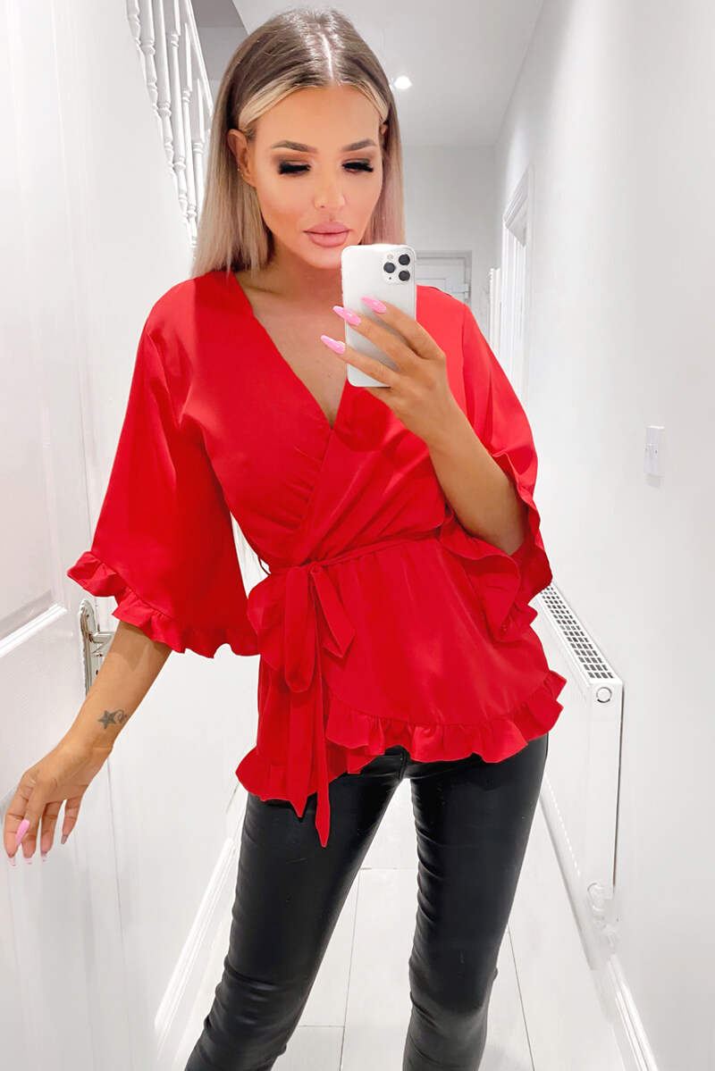 Red Frill Wrap Top