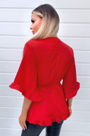 Red Frill Wrap Top