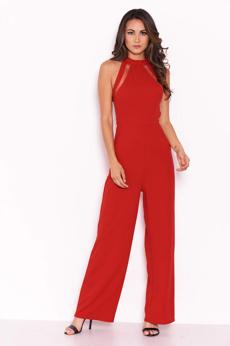 Red Sheer Paneled Jumpsuit With Cut Out Detailing
