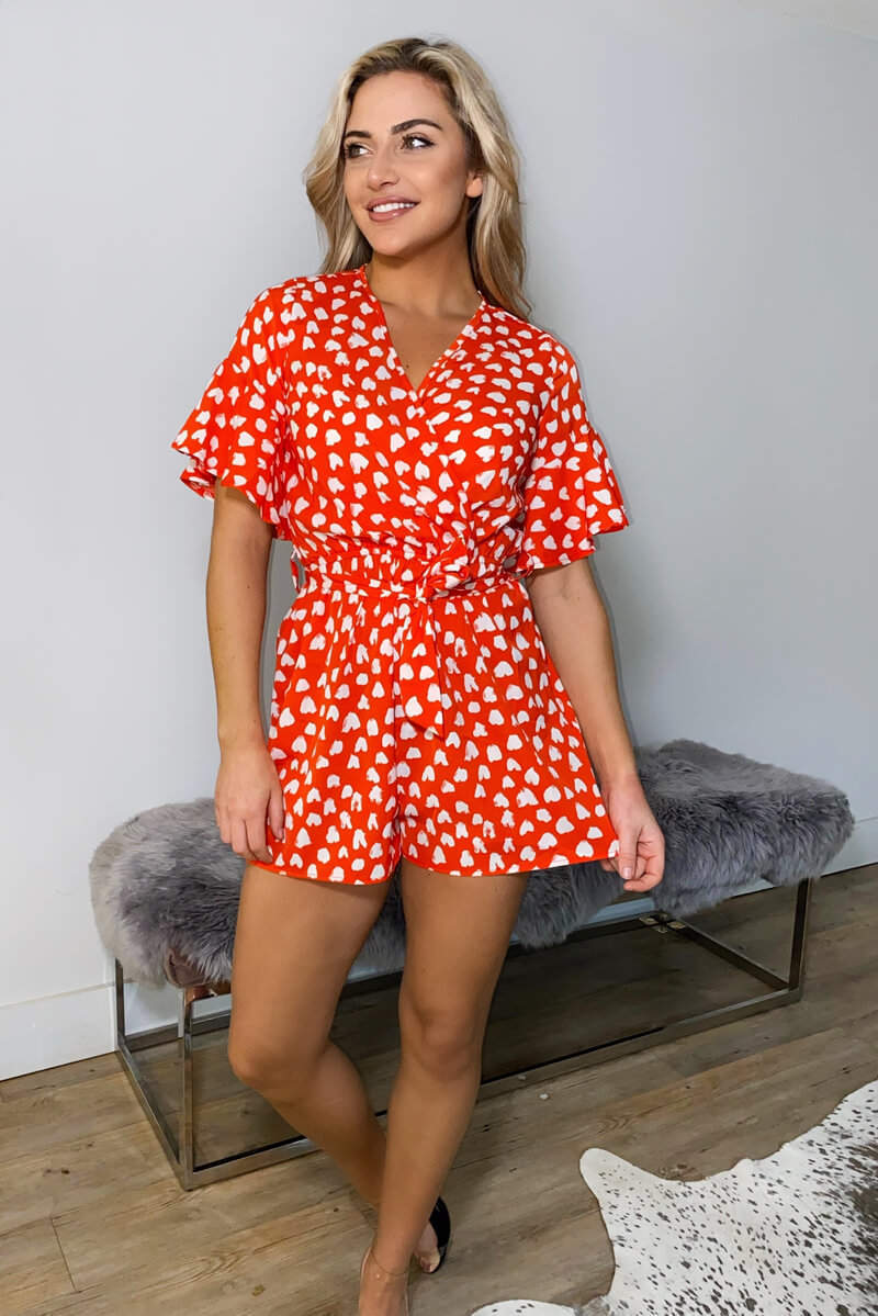 Red Heart Print Wrap Playsuit